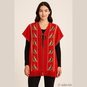 Comanche Imports Serape Poncho Vest Red Fringe Mexico